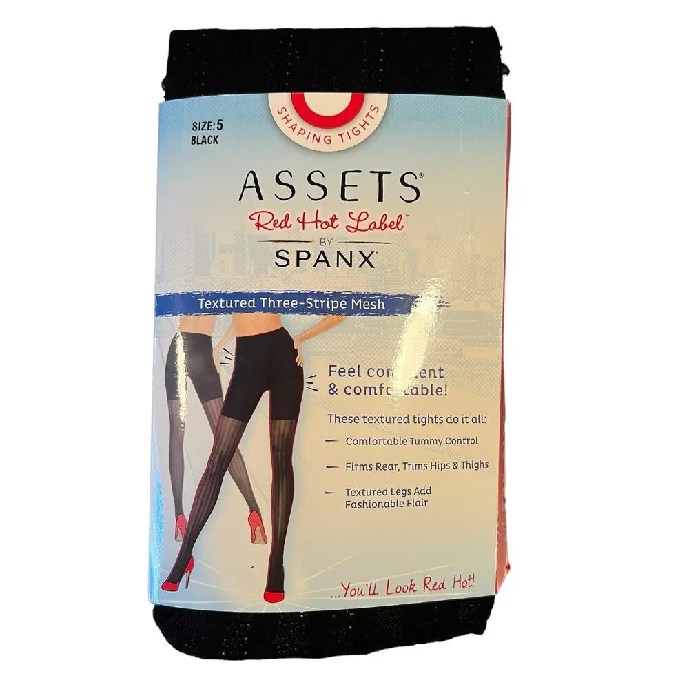 Spanx‎ Assets Black 3 Stripe Mesh Shaping Tights Size 5 New